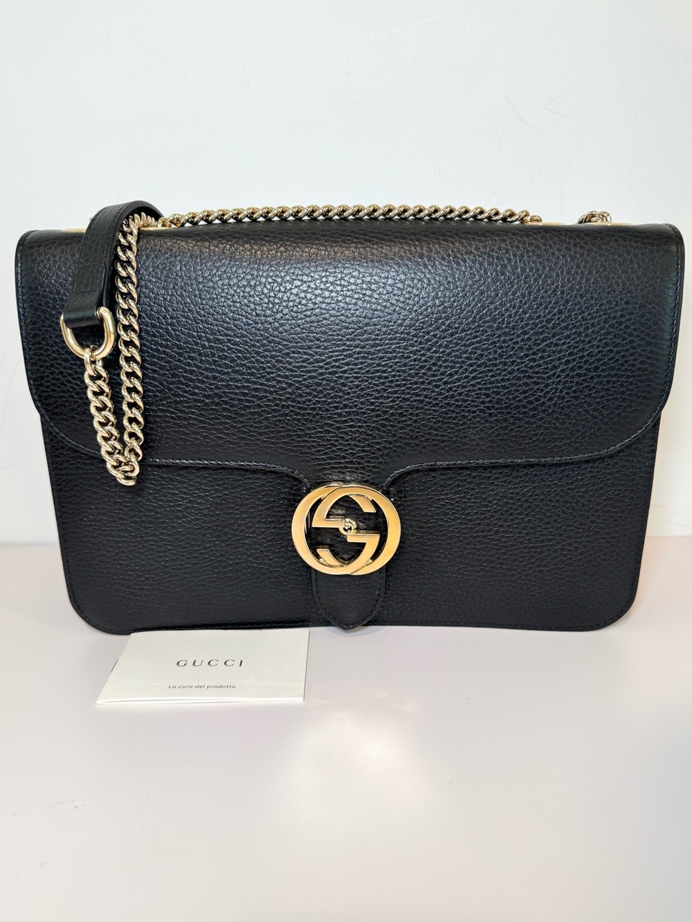 Gucci Dollar Black Calfskin Interlocking G Logo Shoulder Bag W Gold Hardware